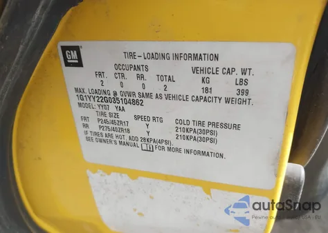 2003 Chevrolet Corvette z USA, uszkodzony, nr VIN 1G1YY22G035104862